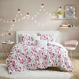 Intelligent Design Laci 4-Piece Floral Printed Ruched Twin/Twin XL Comforter Set in Pink