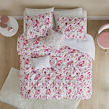 Intelligent Design Laci 4-Piece Floral Printed Ruched Twin/Twin XL Comforter Set in Pink. View a larger version of this product image.