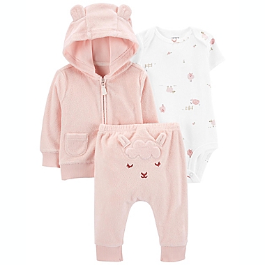 carter&#39;s&reg; Size 6M 3-Piece Lamb Terry Cardigan, Pant, and Bodysuit Set in Pink. View a larger version of this product image.