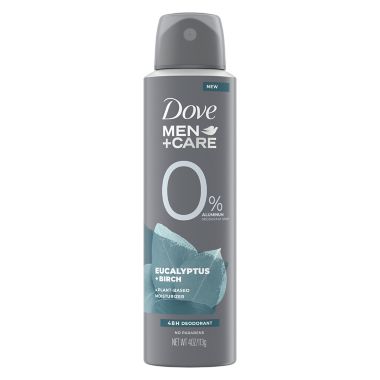Dove Men+Care 4 oz. 0% Aluminum Deodorant Spray in Eucalyptus &amp; Birch. View a larger version of this product image.