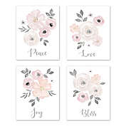 Sweet Jojo Designs Watercolor Floral 4-Piece Wall Art Set in Pink/Grey