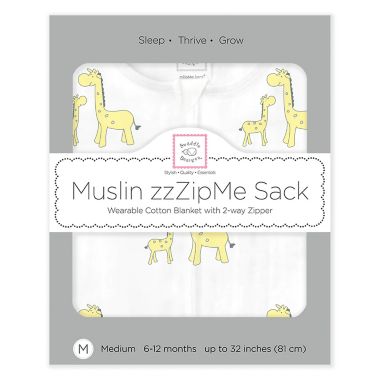 SwaddleDesigns&reg; zzZipMe&reg; Size 6-12M Giraffes Muslin Sleep Sack in Yellow. View a larger version of this product image.