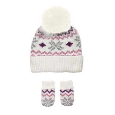NYGB&trade; Size 12-24M 2-Piece Snowflake Pom-Pom Hat and Mitten Set in Ivory. View a larger version of this product image.