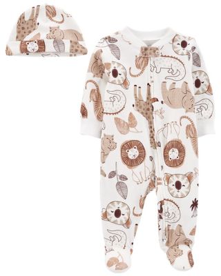 carter&#39;s 2-Piece Animal Sleep &amp; Play Footie with Cap Set in White/Brown