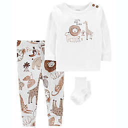 carter's® 3-Piece Safari Animals Long Sleeve Shirt, Pant, and Sock Set in White