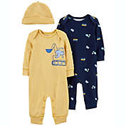 carter&#39;s&reg; Size 3M 3-Piece Construction Jumpsuit and Cap Set in Yellow/Navy