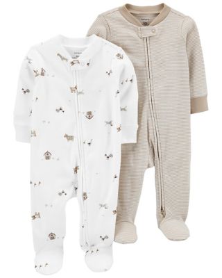 carter&#39;s&reg; Size 3M 2-Pack Farm Animals/Stripes Zip-Up Sleep &amp; Plays in White