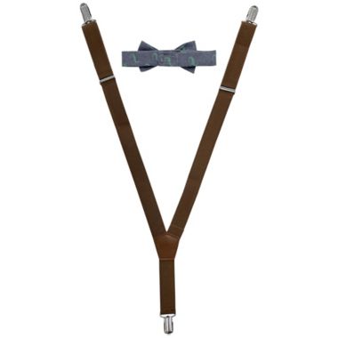 Rising Star Infant/Toddler 2-Piece Dino Suspender and Bow Tie Set in Navy/Green. View a larger version of this product image.