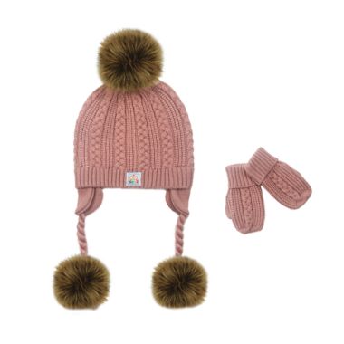NYGB&trade; Size 12-24M 2-Piece Faux Fur Pom Pom Hat and Mitten Set in Desert Rose. View a larger version of this product image.