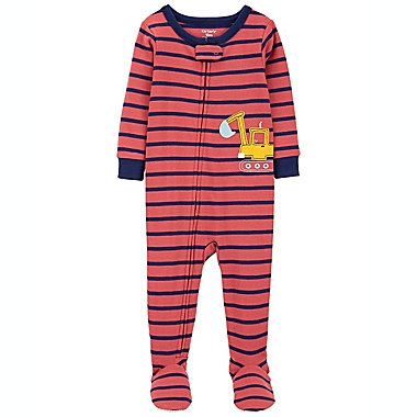 carter&#39;s&reg; Size 24M 1-Piece Striped Digger 100% Snug Fit Cotton Footie PJs in Orange/Black. View a larger version of this product image.