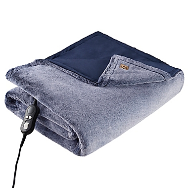 UGG&reg; Dawson Faux Fur Heated Throw Blanket in Navy. View a larger version of this product image.