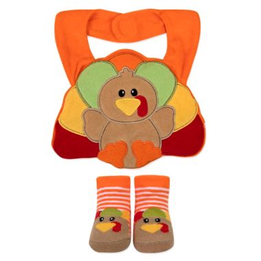 Baby Essentials 2-Piece Thanksgiving Turkey Bib and Sock Set in Brown. View a larger version of this product image.
