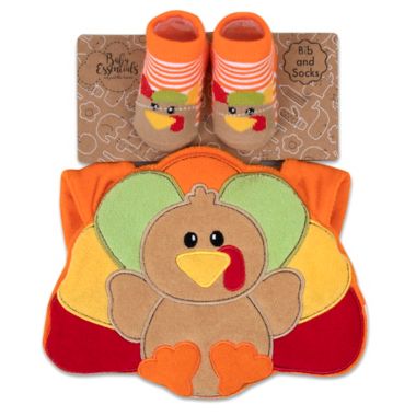 Baby Essentials 2-Piece Thanksgiving Turkey Bib and Sock Set in Brown. View a larger version of this product image.