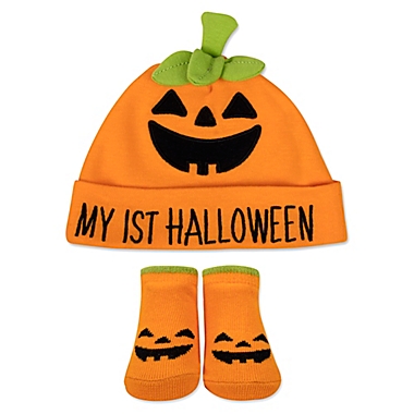 Little Me&reg; Size 0-3M 2-Piece My First Halloween Socks and Bootie Set in Orange. View a larger version of this product image.