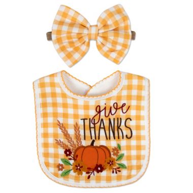 Baby Essentials 2-Piece "Give Thanks" Thanksgiving Bib and Bow Set in Orange. View a larger version of this product image.