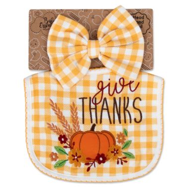 Baby Essentials 2-Piece "Give Thanks" Thanksgiving Bib and Bow Set in Orange. View a larger version of this product image.