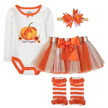 Baby Essentials Newborn Hello Pumpkin 4-Piece Bodysuit, Tutu, Leg Warmers, and Headband Set. View a larger version of this product image.