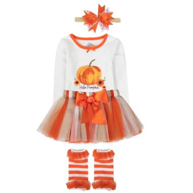 Baby Essentials Size 0-3M Hello Pumpkin 4-Piece Bodysuit, Tutu, Leg Warmers, and Headband Set. View a larger version of this product image.