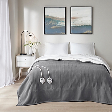 Serta&reg; Fleece to Sherpa Heated Twin Blanket in Dark Grey. View a larger version of this product image.