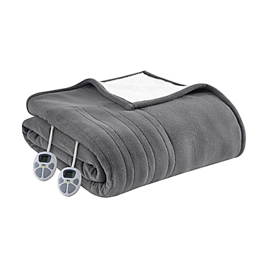 Serta&reg; Fleece to Sherpa Heated Full Blanket in Dark Grey. View a larger version of this product image.