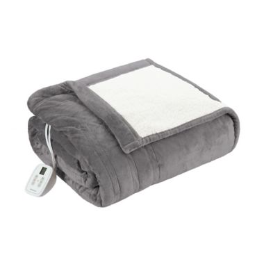 Brookstone&reg; N-A-P&reg; Reversible Heated Faux Sherpa Queen Blanket in Grey. View a larger version of this product image.
