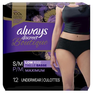 Always Discreet&reg; Boutique Size Small/Medium 12-Count Low-Rise Underwear in Black. View a larger version of this product image.
