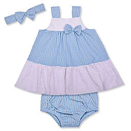 Nannette Baby® Size 12M 3-Piece Mixed Media Dress, Diaper Cover, and Headband Set in Blue