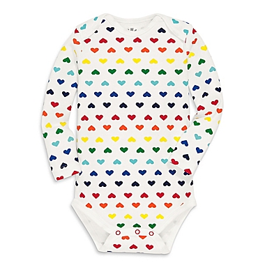 Primary&reg; Size 3-6M Unisex Hearts Organic Cotton Long Sleeve Bodysuit in Ivory/Rainbow Heart. View a larger version of this product image.