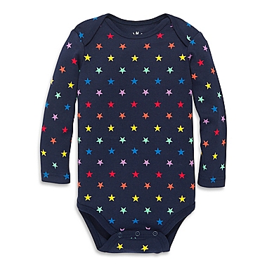 Primary&reg; Size 6-9M Unisex Stars Organic Cotton Long Sleeve Bodysuit in Navy/Rainbow Star. View a larger version of this product image.
