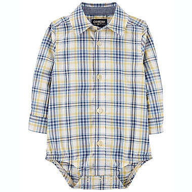 OshKosh B&#39;gosh&reg; Size 6M Plaid Button-Front Long Sleeve Bodysuit in Blue. View a larger version of this product image.
