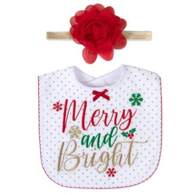 Baby Essentials&reg; 2-Piece &quot;Merry and Bright&quot; Christmas Bib and Headband Set in White