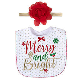 Baby Essentials® 2-Piece "Merry and Bright" Christmas Bib and Headband Set in White