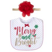 Baby Essentials&reg; 2-Piece "Merry and Bright" Christmas Bib and Headband Set in White
