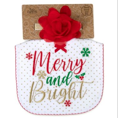 Baby Essentials&reg; 2-Piece "Merry and Bright" Christmas Bib and Headband Set in White. View a larger version of this product image.