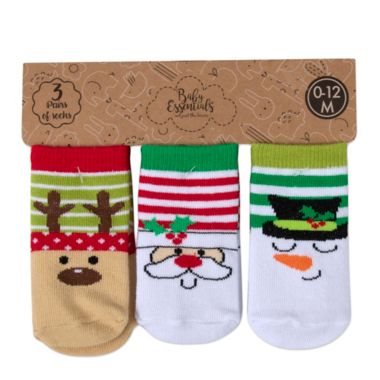 Baby Essentials&reg; Size 0-12M 3-Pack Christmas Socks in White. View a larger version of this product image.