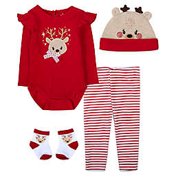 Baby Essentials® 4-Piece Reindeer Bodysuit, Pant, Hat, and Sock Set in Red