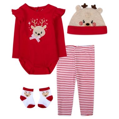 Baby Essentials&reg; Size 6M 4-Piece Reindeer Bodysuit, Pant, Hat, and Sock Set in Red. View a larger version of this product image.