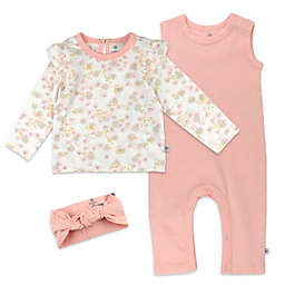 The Honest Company® 3-Piece Organic Cotton Rib Coverall, Top, and Headband Set in Pink/White