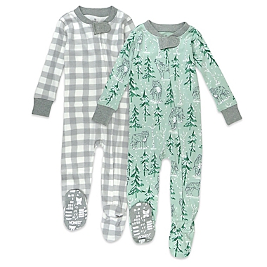 Honest&reg; 2-Pack Plaid/Wolf Organic Cotton Snug-Fit Footed Pajamas in Teal/Grey. View a larger version of this product image.