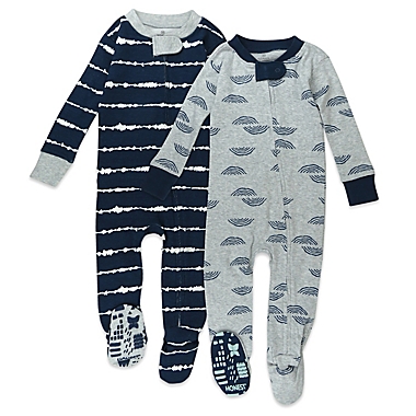 Honest&reg; 2-Pack Striped Organic Cotton Snug-Fit Footed Pajamas in Navy/Grey. View a larger version of this product image.