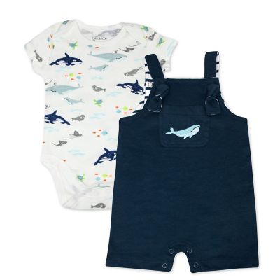Mac &amp; Moon 2-Piece Whales Organic Cotton Shortall and Bodysuit Set in Navy/Turquoise