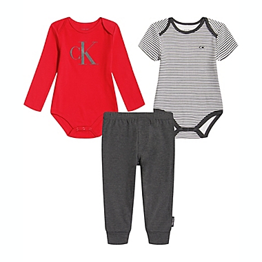 Calvin Klein&reg; Size 18M 3-Piece Bodysuit and Pant Set in Red/Grey. View a larger version of this product image.