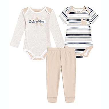 Calvin Klein&reg; Size 0-3M 3-Piece Bodysuit and Pant Set in Ivory/Heather. View a larger version of this product image.