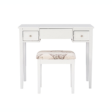 Folding-Top 2-Piece Vanity Set with Butterfly-Print Bench in White. View a larger version of this product image.
