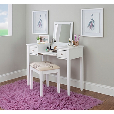 Folding-Top 2-Piece Vanity Set with Butterfly-Print Bench in White. View a larger version of this product image.