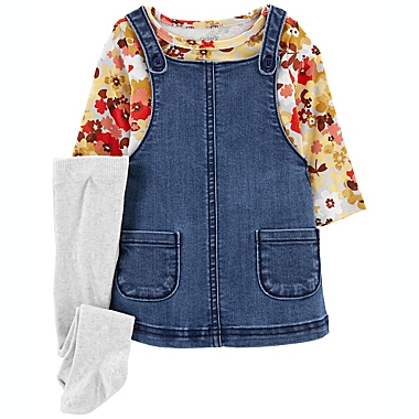 carter&#39;s&reg; Newborn 3-Piece Floral Tee, Jumper, and Tights Set in Denim. View a larger version of this product image.