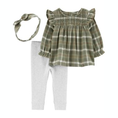 carter's&reg; 3-Piece Plaid Flannel Top, Pant, and Headband Set in Green. View a larger version of this product image.