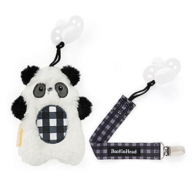 BooginHead&reg; PaciPlush Pal Panda with Pacifier Holder &amp; Clip in Black &amp; White Plaid. View a larger version of this product image.