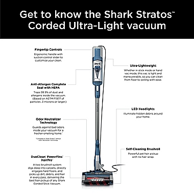 Shark&reg; Stratos&trade; UltraLight Corded Stick Vacuum in Navy. View a larger version of this product image.