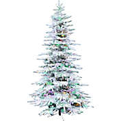 Fraser Hill Farm 6.5-Foot Flocked Mountain Pine Christmas Tree with Multicolor Lights
